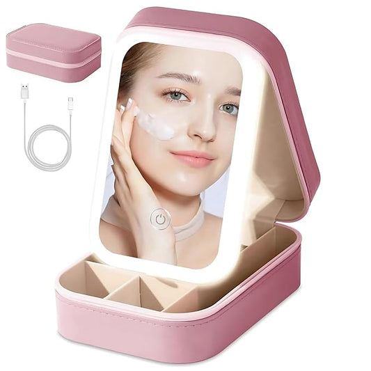 LED Makeup Box with Adjustable Light-Up Mirror, 3 Color Light Settings