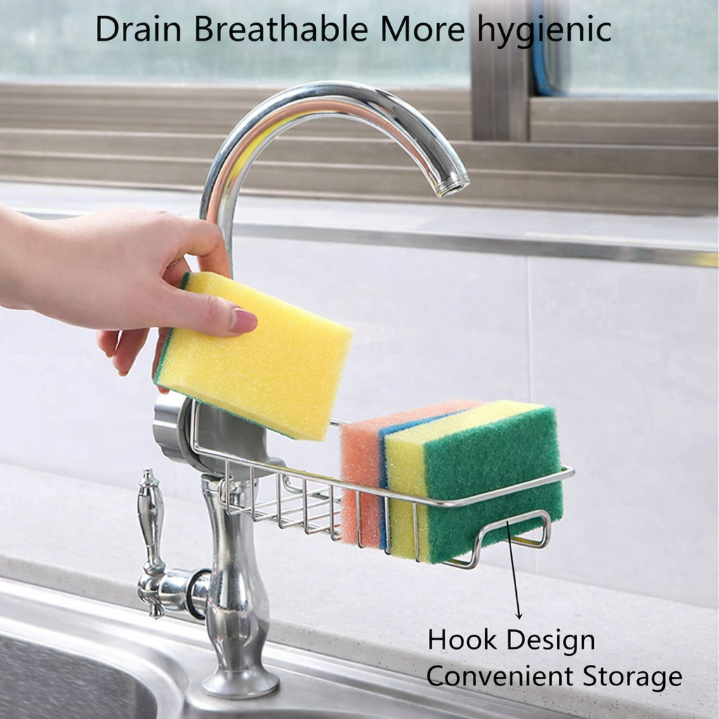 Stainless Steel Faucet Sink Caddy –  with free 5 piece scrubber